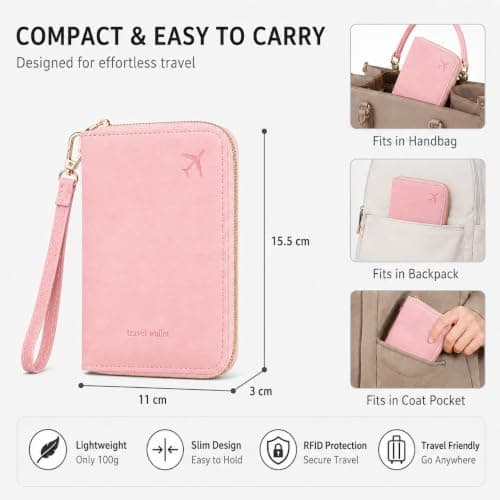 ILIYAH RFID Passport Wallet Holder - PU Leather Travel Document Organiser with Zipper Wrist Strap Card Coin SIM Slots for Men Women Family Trips (Deep Pink) — view 5