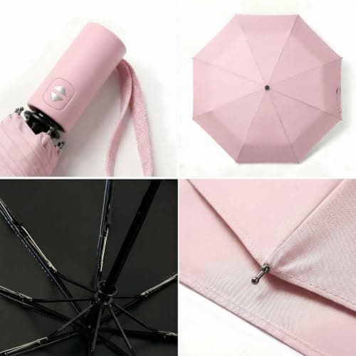 BAODINI Small UV Protection Travel Umbrella Compact for Rain and Sun UPF 50+ Windproof Portable 42 inch Umbrella for Women and Men Pink && Beige — view 4