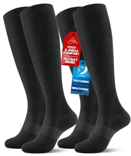 PULIOU Compression Socks for Women and Men, 20–30 mmHg Graduated Compression, All-Day Comfort Circulation Knee High Flight Socks for Flying, Travel, Sport, Nurses, 2 Pairs, Black L-XL
