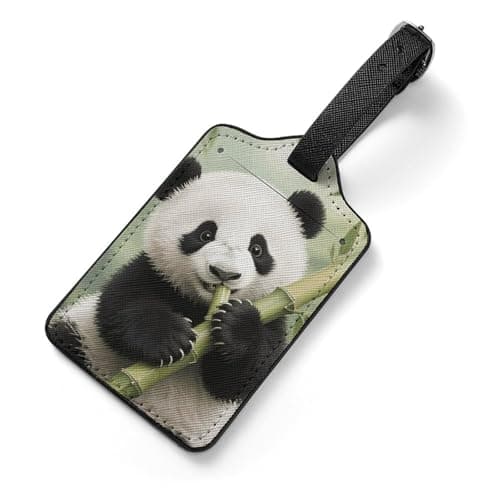 Panda Cub Eating Bamboo Luggage Tags with Information Card & Detachable Strap - Durable PU Scratch-Resistant Name ID Identifiers for Suitcases, Travel Bags, Backpacks, and Gym Bags