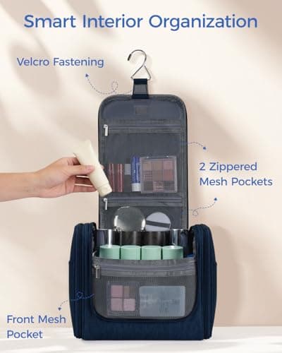 Large Hanging Toiletry Wash Bag Travel Makeup Cosmetic Organizer for Men Women by WANDF (Denim Navy Blue) — view 5