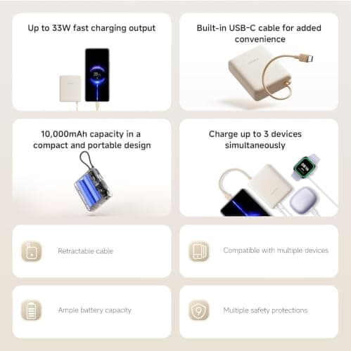 Xiaomi 33W Power Bank 10000mAh, Built-in USB C Cable, Fast Charging, Tan — view 2