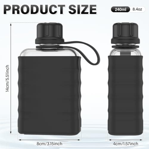 WAMEITF Slim Flat Water Bottle, 240ml Mini Portable Travel Flask with Silicone Sleeve and Leak Proof Lid, Small Flask Leakproof Pocket Drinking Bottle for Alcohol, Juice, Gym & Office(Black,240ml) — view 2