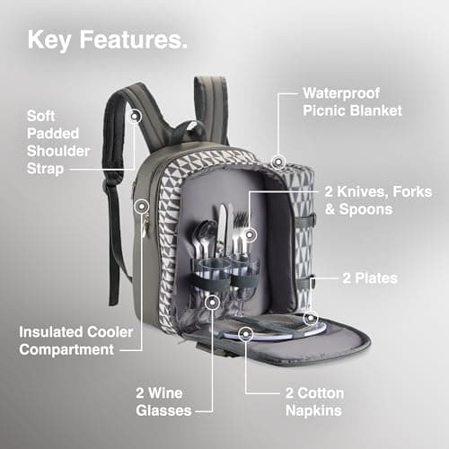 VonShef Picnic Backpack, 2 Person Grey Picnic Bag with Full Dining Set, Insulated Cooler Compartment & Large Waterproof Picnic Blanket, Lightweight Water Resistant Camping Accessories — view 4