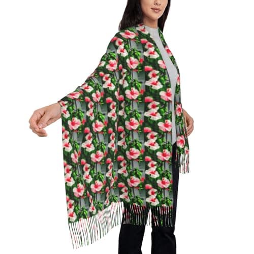 Hibiscus Flowers Print Elegant Fringe Scarf Shawl Wrap For Women Winter Fall Spring Travel Accessory Gift — view 4