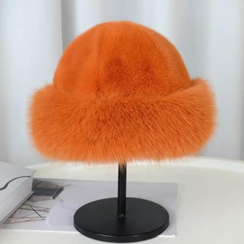 Womens Beanie Hats Winter Furry Faux Fur Caps Ladies Warm Faux Fur Bucket Hat Plush Thermal Slouch Fluffy Fisherman Fuzzy Hats Travel Skiing Hiking Earflap Beanie Hat Orange — view 2