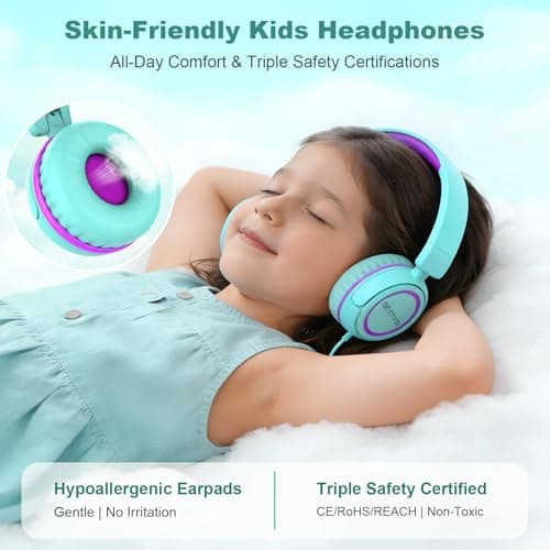 IMYB V1 Kids Headphones, Wired Stereo Foldable Tangle-Free 3.5mm Adjustable On-Ear Headphones for Kids for School/Toddlers/Childrens/Teens/Boys/Girls/Ipad/Tablet/Kindle/Phones/Travel/Plane (Green) — view 4