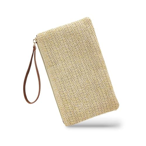 WisePoint Womens Straw Clutch Bag, Straw Wristlet Bags Handbags for Women, Bohemian Woven Beach Bags with Handle Fashion Purse Wallet for Beach, Travel, Party, Wedding (beige)