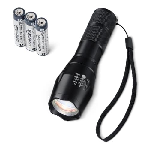 Amazon Basics Handheld LED Flashlight with 5 Light Modes - 200 Lumen Zoomable Handheld Torch - Water Resistant Aluminum Flashlight with Lanyard - Batteries Included - Black
