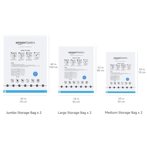 Amazon Basics Multiple Vacuum Compression Zipper Storage Bags with Hand Pump, 6-Pack (2 Jumbo, 2 Large, 2 Medium), Transparent — view 6