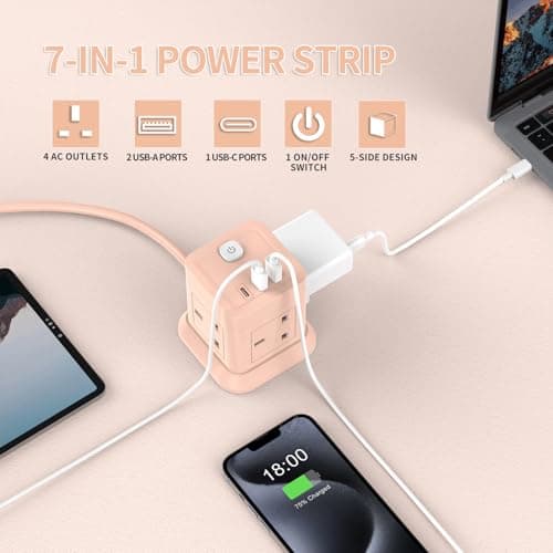 Cube Extension Lead with USB Slots, BEVA 4 Way Multi Plug Power Strip with 3 USB Ports (5V/2.4A), Desktop Power Extension Socket with 1.5M Extension Cords for Home Dorm Office Travel-PINK — view 2