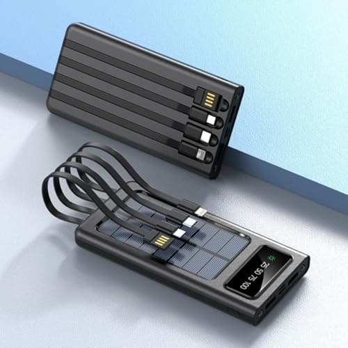 Portable Solar Power Bank with Built-in Cables, Black,White,LED Display, Solar Charging, Compact Travel Design (Black, Milliamp Hours, 10000.0) — view 6