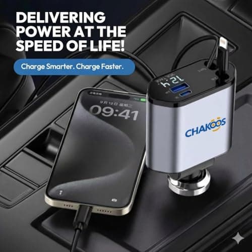 Chakoos Retractable Car Charger 120W, 4 in 1 Fast Car Phone Charger with Dual Retractable Cables (Lightning & USB-C), 12V/24V Multi Port Car Adapter with Voltage Display for iPhone, Android — view 6
