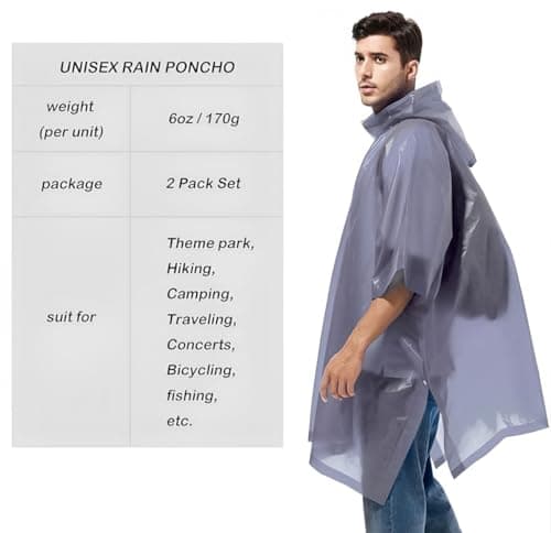 GUKOY Reusable Rain Ponchos for Adults, 2 Pcs Raincoats (Pack of 1) Emergency for Women Men with Hood Gray — view 5