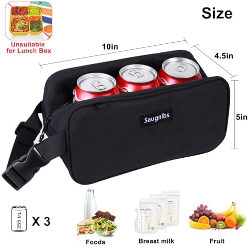Saugnlbs Small Cool Bag,Mini Cool Bag with Ice Packs,Small Insulated Lunch Bag with Handle Buckle,Freezable Lunch Bag for Travel/Work/School/Outdoors, 10“ x 4.5”x 5”,Black — view 3