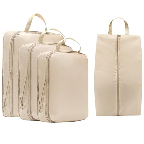Lxoraziy Set of 4 Compression Packing Cubes, Ultra Lightweight Expandable Compression Storage Cubes, Lightweight Packing Organizers as Travel Accessories(Beige)