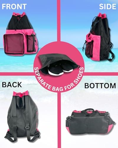 JIMJOOS Drawstring Mesh Swimming Bag - 25L Waterproof Swim Bag with Wet/Dry Compartment, Multifunctional Sports Backpack for Kids, Adults, Swimming, Surfing, Beach, Gym (PINK) — view 6