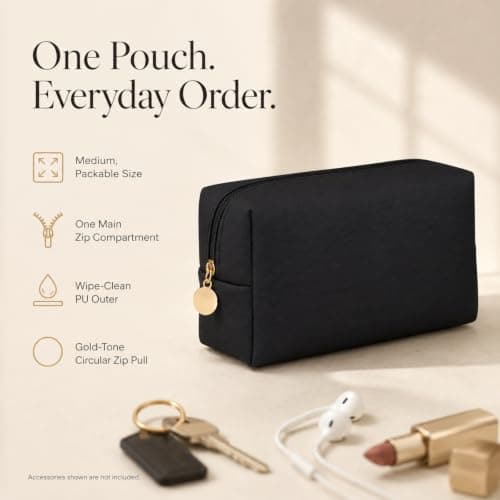 Medium Black Makeup Bag for Women and Men, Compact PU Travel Toiletry Pouch — view 2