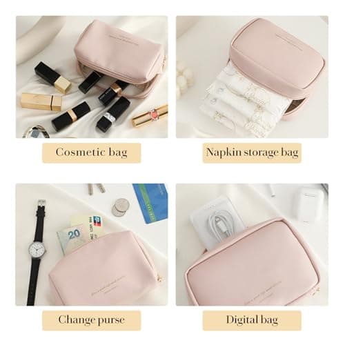 Small Cosmetic Bag PU Leather Travel Makeup Organizer, Zipper Pouch, Pink — view 5