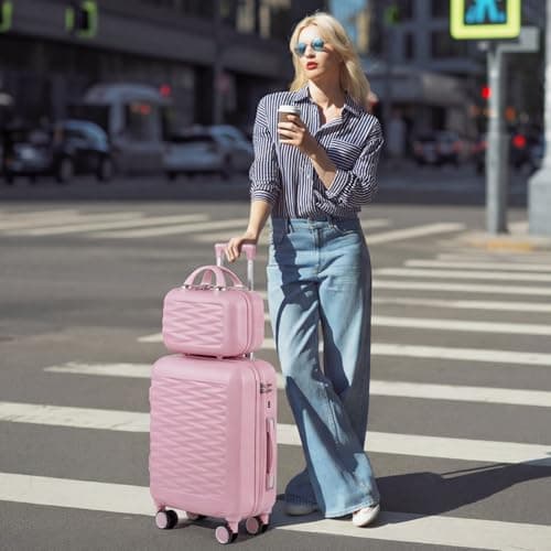 H.yeed 20 Inch Cabin Suitcase with 12 Inch Vanity Case Lightweight ABS Hard Shell Suitcase Trolley Luggage Travel Case with Spinner Wheels (Pink, 2 pc Set) — view 2