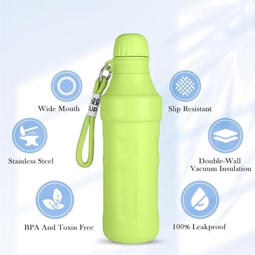 Insulated Water Bottle, 500ml/17oz Stainless Steel Double Wall Metal Leak Proof Vacuum Flask for Keep Hot & Cold, Reusable Thermal Flask with Lanyard, Thermal Bottle for Travel Sports Gym (Green) — view 3