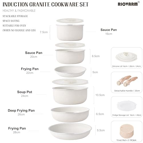 RIOVARM Induction Pots and Pans Set with Lids Non Stick Cookware Set with Detachable Handles Granite Coated Pot & Pan Sets with Removable Handles Stackable Kitchen Cookware Camping Pan Set PFOA Free — view 2