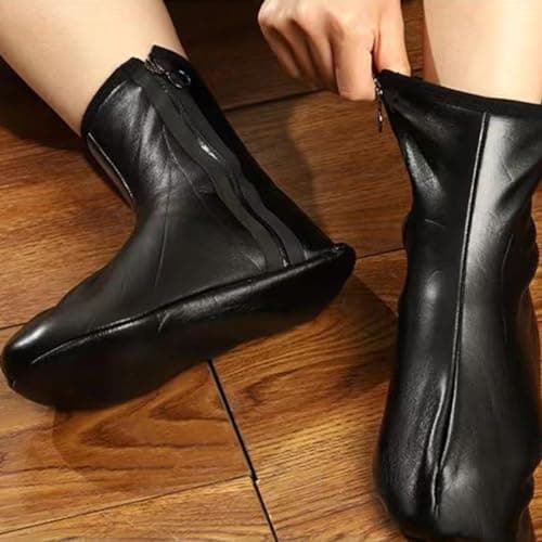 XAGMODSHN Women Men Winter Warm PU Faux Leather Slipper Socks Fleece Lined Thermal Indoor Outdoor Home Slip Middle Tube Socks — view 3