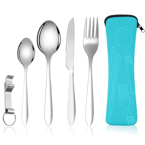 Vicloon 5PCS Camping Cutlery Set, Stainless Steel Flatware Camping Utensil Set with Portable Pouch Case, Outdoor Travel Picnic Office Lunch Cultery for Picnic School Knife Fork Spoon (Sky Blue)