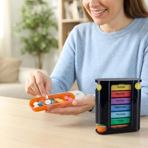 Weekly Pill Box 7 Day, Pill Organiser 4 Times a Day, Compact Portable Medication Case for Home and Travel Use, 28 Large Compartments for Vitamins & Medicine for Elderly Men Women Rainbow — view 4