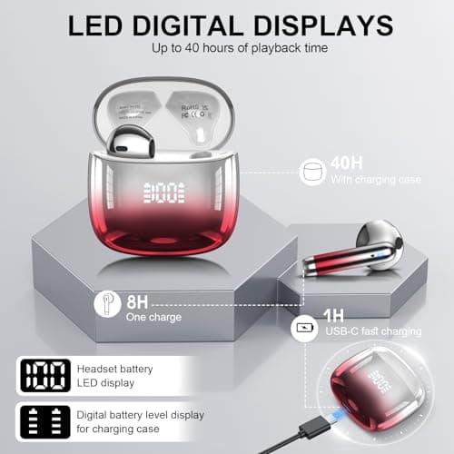 Kicoeon Wireless Earbuds Bluetooth 5.4 Headphones with 4 Mic HiFi Stereo Sound, Wireless Headphones with Dual LED Display Touch Control, 40H Playtime Bluetooth Earphones IP7 Waterproof, Red — view 4