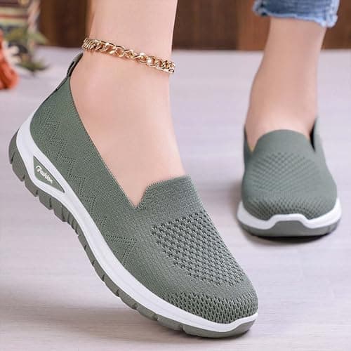 Walking Shoes with Memory Foam Wedge Heel Athletic Outdoor Sport Shoe Athletic Outdoor Sport Round Toe Knit Mary Jane Shoes Flat Comfort Breathable Breathable Soft Sole Shoe Green — view 3