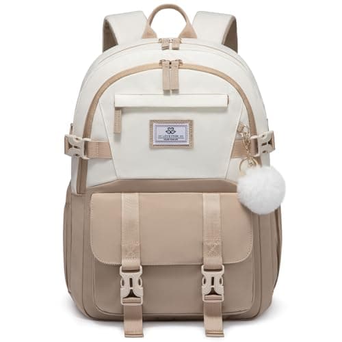 LOVEVOOK School Backpack Womens, School Bags for Girls Teens Aged 8-18, Water-Resistant Lightweight 15.6 Inch Laptop Bag, Classic High School Back to School Rucksack for Travel, Khaki-Beige