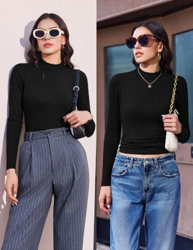 Ekouaer 3 Pack Thermal Tops Womens with Mock Turtle Necks Long Sleeve Tops Ribbed Base Layer Underwear Slim Fit Jumpers, Black, M — view 2