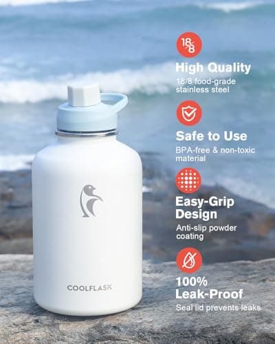 Coolflask 2L Water Bottle Insulated with PU Leather Sleeve & 3 Lids — view 6