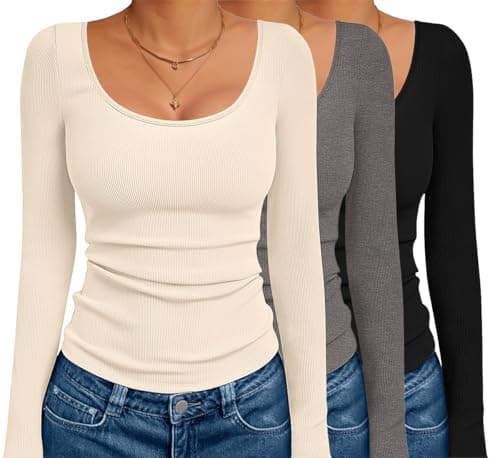 Ekouaer 3 Pack Thermal Long Sleeve Ribbed Tops, Black/Beige/Grey XS