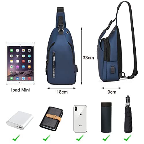 Aucuu Shoulder Bags Chest Bags, Usb Rechargeable Sling Bags, Crossbody Daypacks Small Backpacks, Anti-theft Waterproof Lightweight One Strap Rucksack Messenger Bags for Hiking, (Blue) — view 3