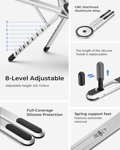 Viozon Portable Laptop Stand for Desk, Foldable Adjustable Computer Riser with Magnetic Phone Holder, Aluminum Laptop Stand for 10–16” Laptops & 4–13” Phones/Tablets (Silver) — view 6