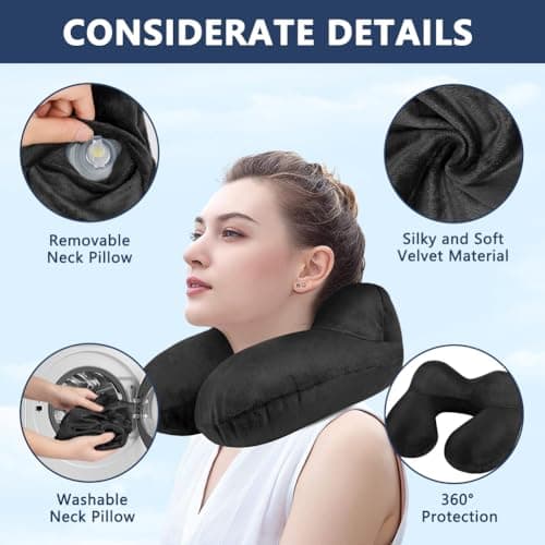 flintronic Inflatable Travel Pillow, Inflatable Travel Pillow for Airplane, Soft Velvet Neck Support, Lightweight Ergonomic Sleeping Neck Pillow for Airplane, Car, Train, Office, Camping (Black) — view 3