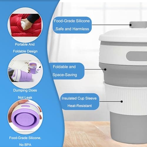 2 Pack Collapsible Cup,Travel Mugs For Hot Drinks,Reusable Travel Cup,Collapsible Coffee Cup With Lid,Collapsible Cups For Travel,Foldable Cup For Picnic,Hiking,Camping, Travel,Office(1Grey+1Blue) — view 3