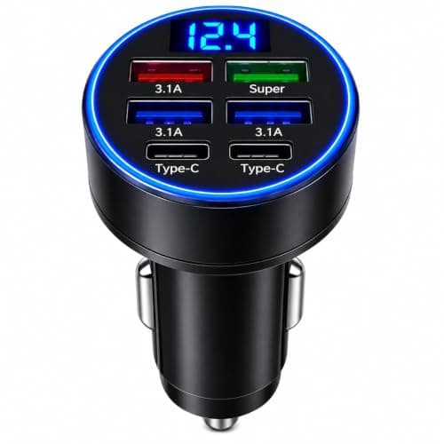 Fanlox Car USB Charger 6 Port, 12V/24V Cigarette Lighter Adapter with 2 USB C and 4 USB A Outputs, LED Voltmeter and Indicator Light for Phones Tablets and In-Car Devices