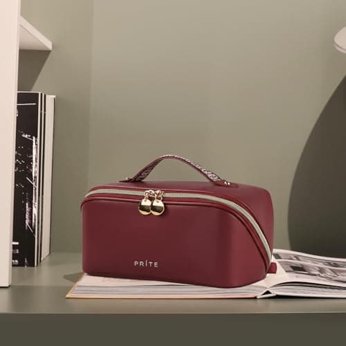 Prite Travel Makeup Bag Flat Lay Cosmetic Case with Brush Pocket, Red, L — view 6