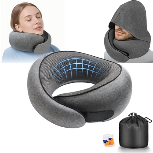 Furansijin Travel Neck Pillow for Airplane, Memory Foam, Hooded, Dark Grey