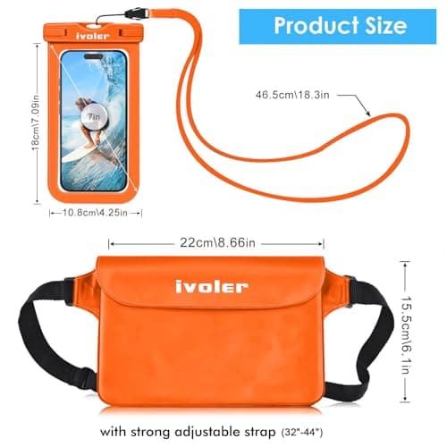 ivoler [2 Pack Waterproof Phone Case & Pouch Set, IPX8 Dry Bag with Waist Strap for Beach, Swimming, Kayaking, Fits iPhone 17 16 15 Pro Max, Samsung S26 S25 Ultra, Up to 7.0" - Warm Orange — view 2