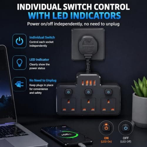 Multi Plug Extension, Short Extension Lead, 3 Way 4 USB Plug Adapter — view 6