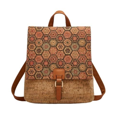 CORIOS Boho Backpack for Women Daypacks with Ethnic Pattern Bohemian Style Shoulder Handbag Multipurpose Convertible Purse Teenager School Bag Bookbag Cork Fabric Rucksack for Travel Outdoor Caramel