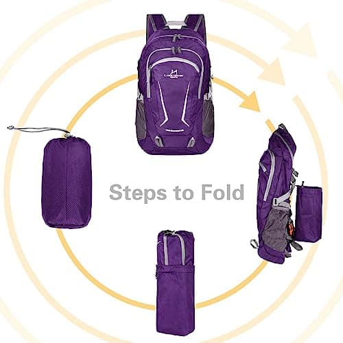 Loocower 45L Ultra Lightweight Foldable Backpack Hiking Daypack Walking Rucksack Water Resistant Packable Camping Mountaineer Outdoor Sport Knapsack for Men Women (05.Purple) — view 3