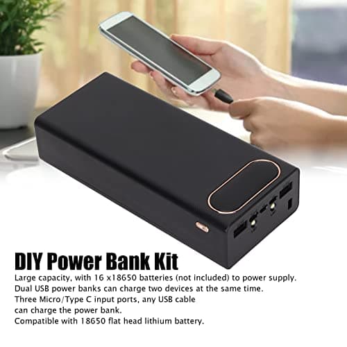 16x18650 External Battery Pack Shell, 2 USB Output DIY Power Bank, Plastic Shell Box with LCD Display, Power Bank Case, With three Micro/Type C input, Small and light Design(black) — view 2