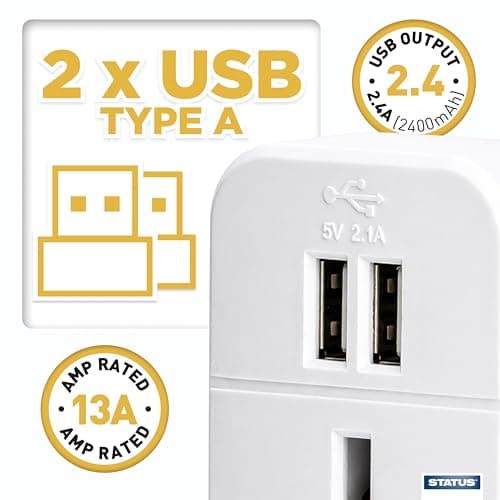 STATUS UK to US International Plug with USB Port Adapter, 3 Pin to 2 Pin US Travel Adaptor, White 2 Port USB Adapter Plug, (S2USBPTINTER1PK3) — view 5