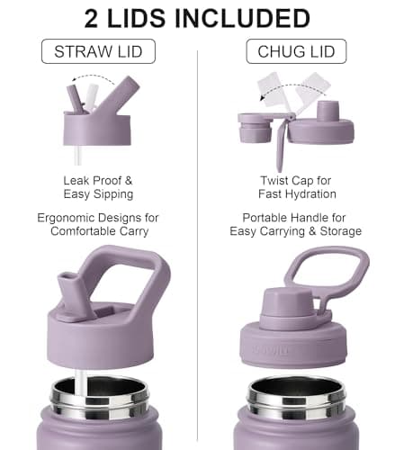 SUNWILL Metal Water Bottle with Straw Stainless Steel, 650ml Insulated Leakproof Thermal Flask for Cold and Hot Drink, Travel, Sports, Gym, Muted Violet — view 2