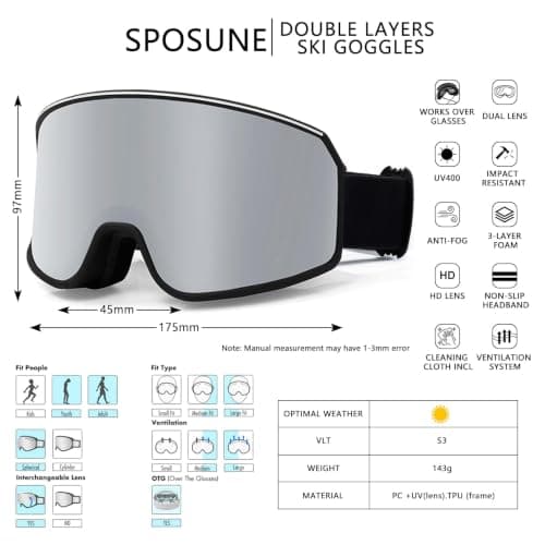 SPOSUNE Ski Goggles Over Glasses with Dual lens Anti-fog Anti-UV Snow Goggles for Men Women Youth Skiing Snowmoile | Slim Face Wide Vision — view 3